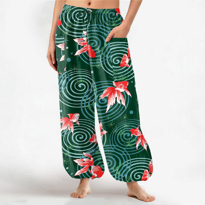 Buddha Stones Dames harembroek met elastische Taille en Zakken , gemaakt van katoen met een oosters koi-rimpelpatroon. - Donkergroen - US16, UK/AU20, EU48 (3XL) - image 10