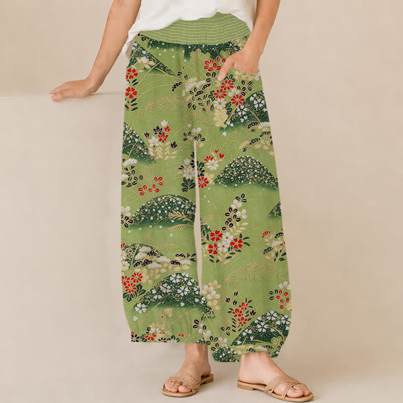 Buddha Stones Dames harembroek met plooien, elastische taille en Taille, in Cotton Hill-bloesempatroon. - Geelgroen - US16, UK/AU20, EU48 (3XL) - image 0