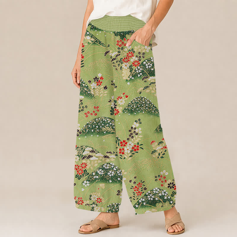 Buddha Stones Dames harembroek met plooien, elastische taille en Taille, in Cotton Hill-bloesempatroon. - image 1