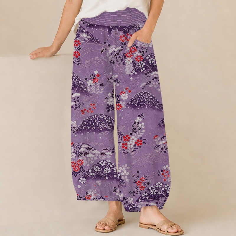 Buddha Stones Dames harembroek met plooien, elastische taille en Taille, in Cotton Hill-bloesempatroon. - Donkere Orchidee - US16, UK/AU20, EU48 (3XL) - image 10