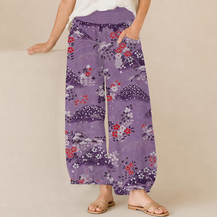 Buddha Stones Dames harembroek met plooien, elastische taille en Taille, in Cotton Hill-bloesempatroon. - Donkere Orchidee - US16, UK/AU20, EU48 (3XL) - image 10