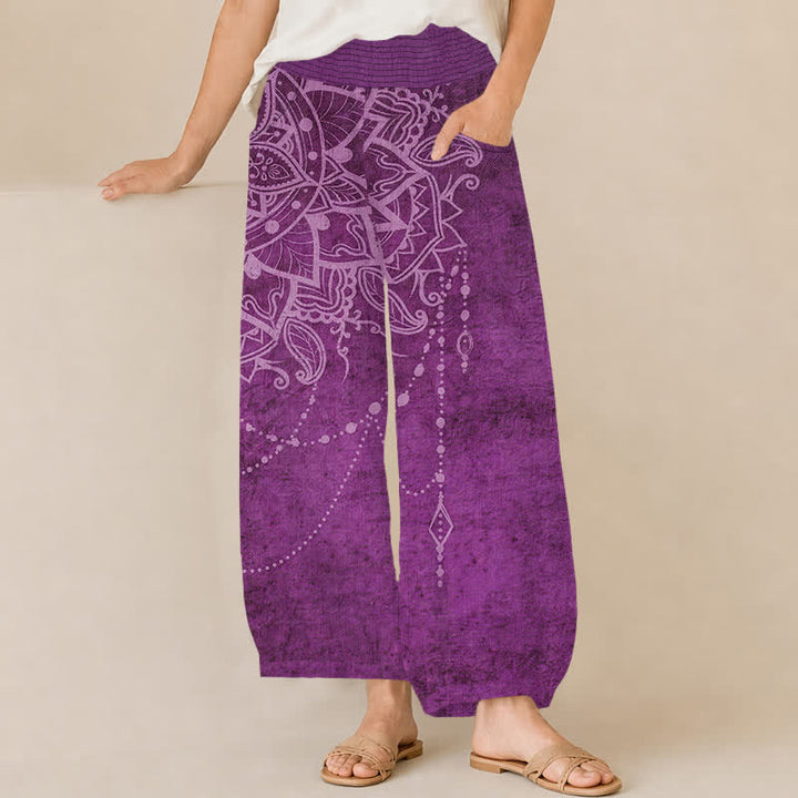 Buddha Stones Katoenen boho dames harembroek met mandala-kralenpatroon, plooien, elastische Taille en Zakken. - Paars - US16, UK/AU20, EU48 (3XL) - image 0