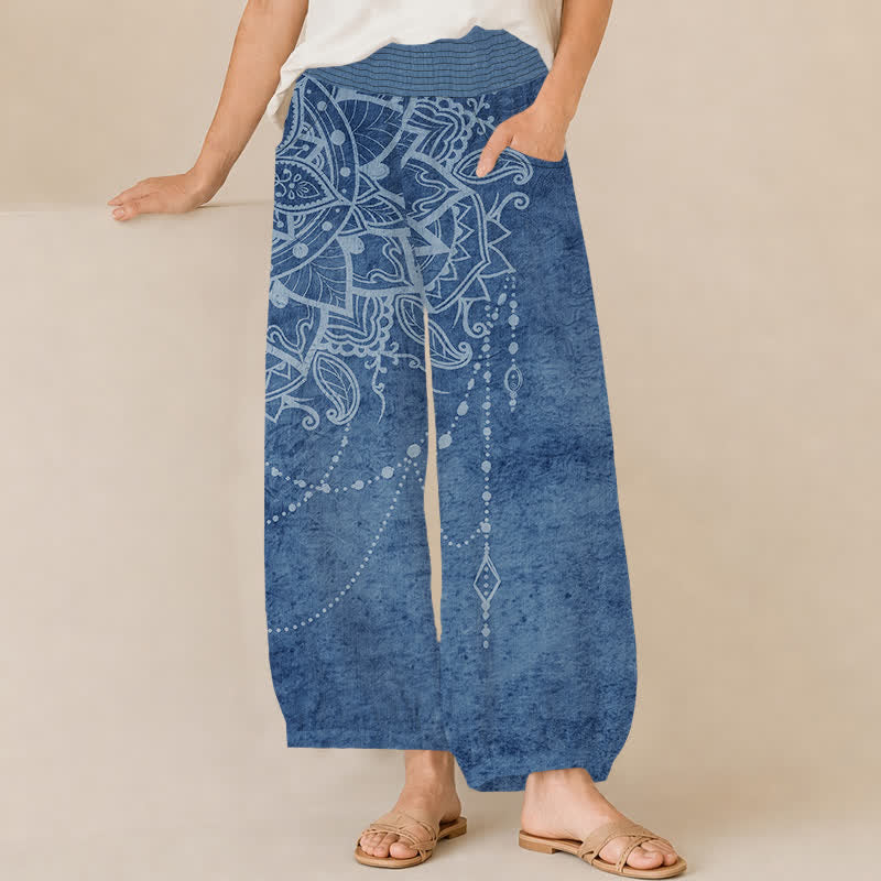Buddha Stones Katoenen boho dames harembroek met mandala-kralenpatroon, plooien, elastische Taille en Zakken. - Staalblauw - US16, UK/AU20, EU48 (3XL) - image 10