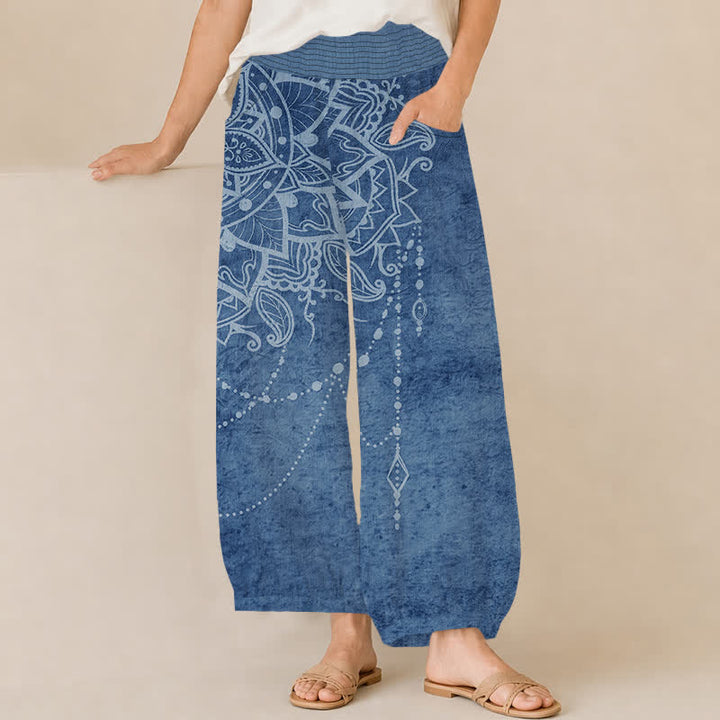 Buddha Stones Katoenen boho dames harembroek met mandala-kralenpatroon, plooien, elastische Taille en Zakken. - Staalblauw - US16, UK/AU20, EU48 (3XL) - image 10
