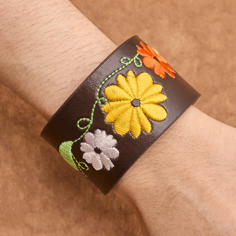 Buddha Stones Leren handgeweven Armband met geborduurde bloemen - image 4