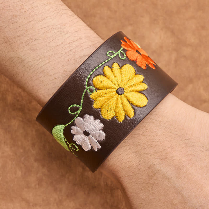 Buddha Stones Leren handgeweven Armband met geborduurde bloemen - image 4