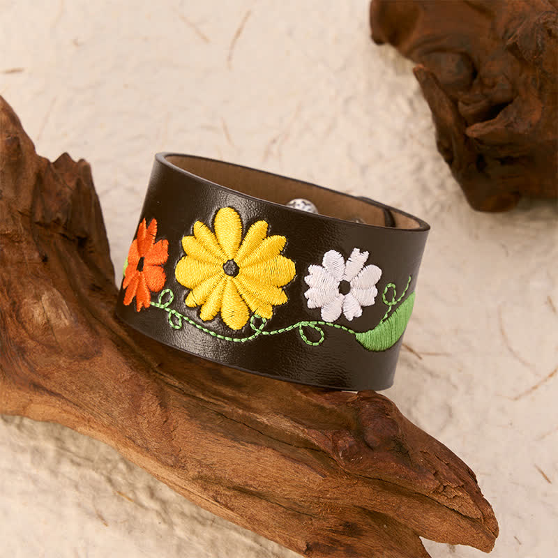 Buddha Stones Leren handgeweven Armband met geborduurde bloemen - image 2