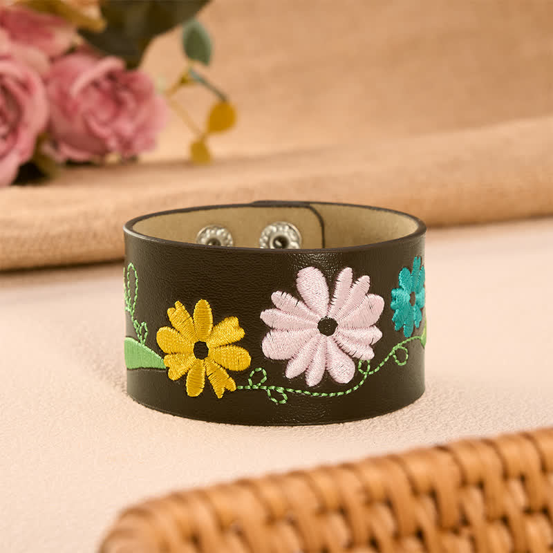 Buddha Stones Leren handgeweven Armband met geborduurde bloemen - Geel Roze Blauw (Polsomtrek: ca. 17-19 cm) - image 8