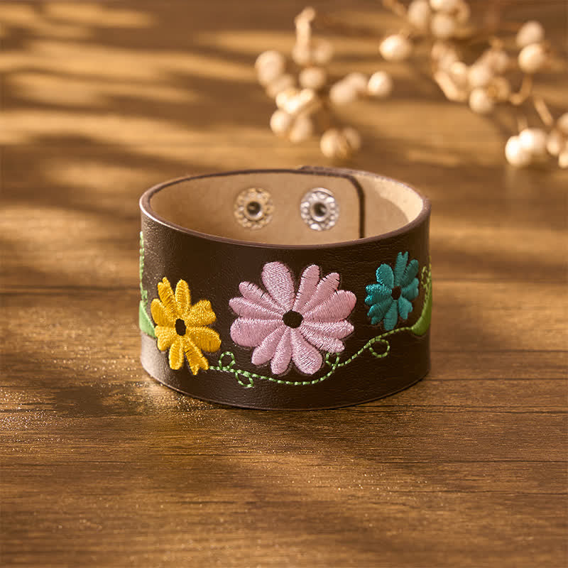 Buddha Stones Leren handgeweven Armband met geborduurde bloemen - image 9