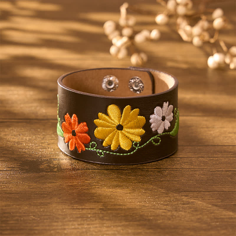 Buddha Stones Leren handgeweven Armband met geborduurde bloemen - image 3