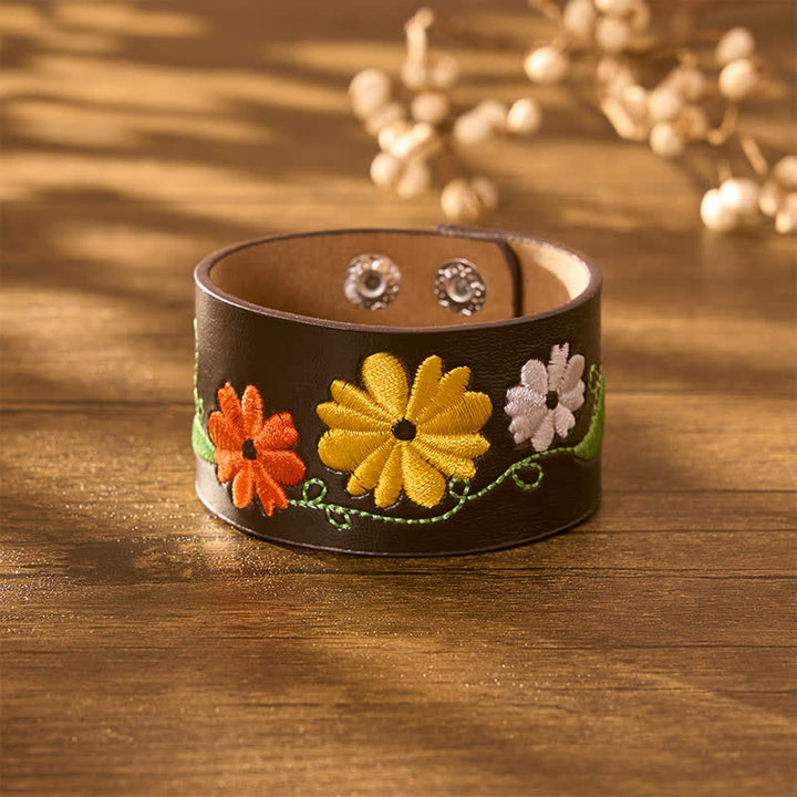 Buddha Stones Leren handgeweven Armband met geborduurde bloemen - image 3