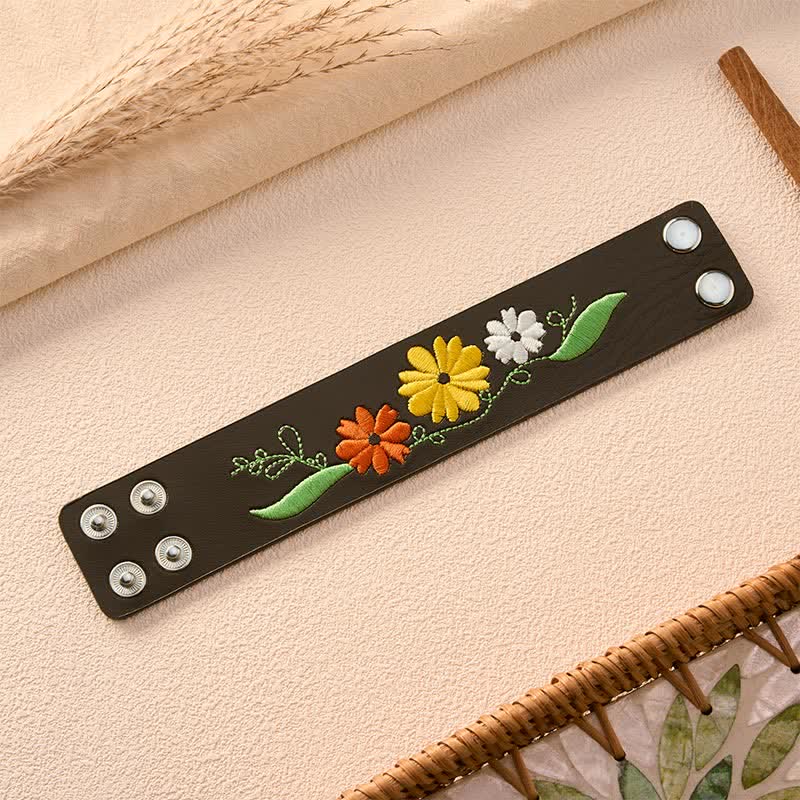 Buddha Stones Leren handgeweven Armband met geborduurde bloemen - image 5