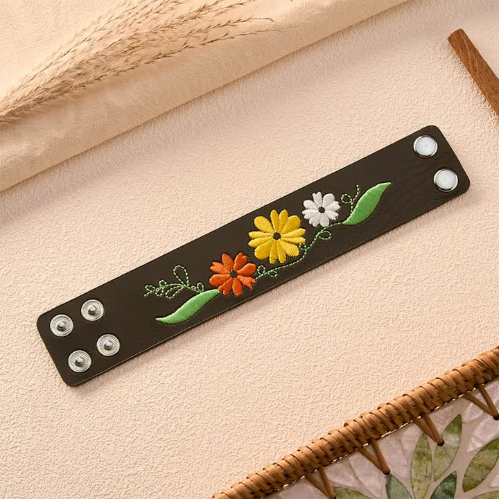 Buddha Stones Leren handgeweven Armband met geborduurde bloemen - image 5