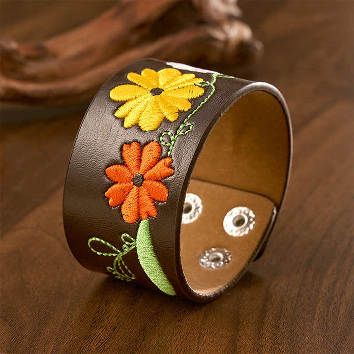 Buddha Stones Leren handgeweven Armband met geborduurde bloemen - image 1