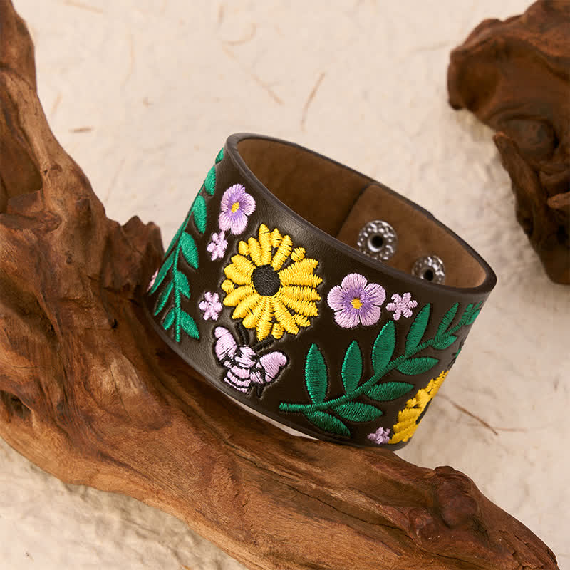 Buddha Stones Armband leren armband met geborduurde rozen en vlinders - image 2