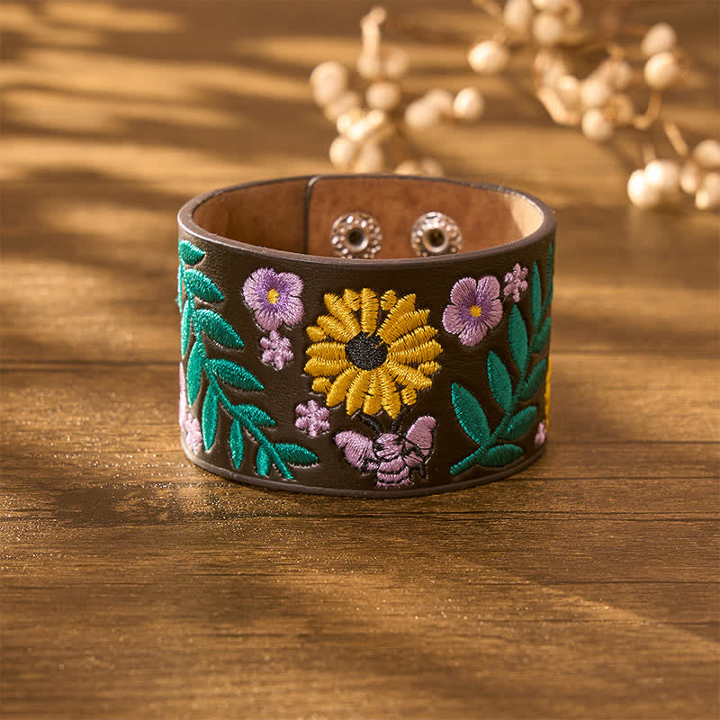 Buddha Stones Armband leren armband met geborduurde rozen en vlinders - image 3
