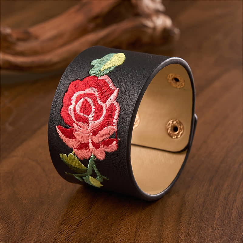 Buddha Stones Leren Armband met geborduurde roos en brede beschermende gesp - image 2