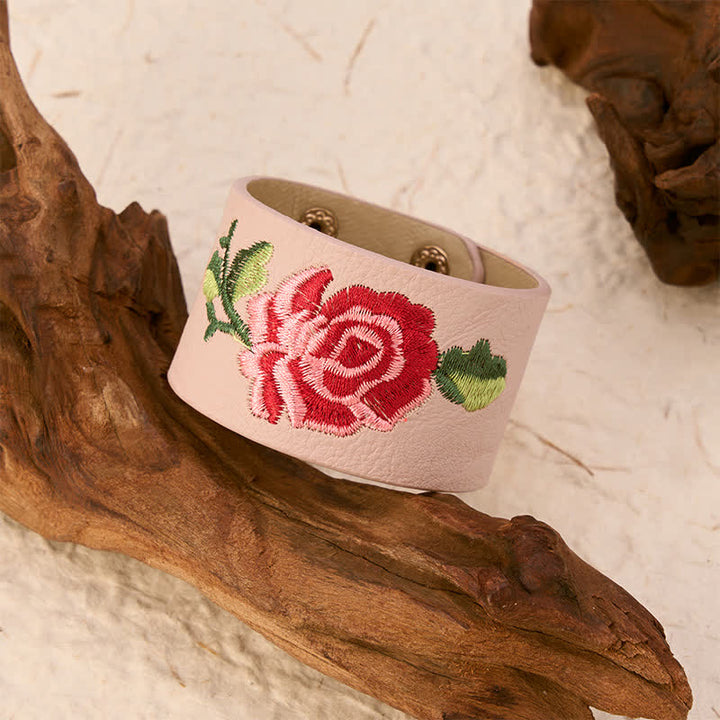 Buddha Stones Leren Armband met geborduurde roos en brede beschermende gesp - image 10