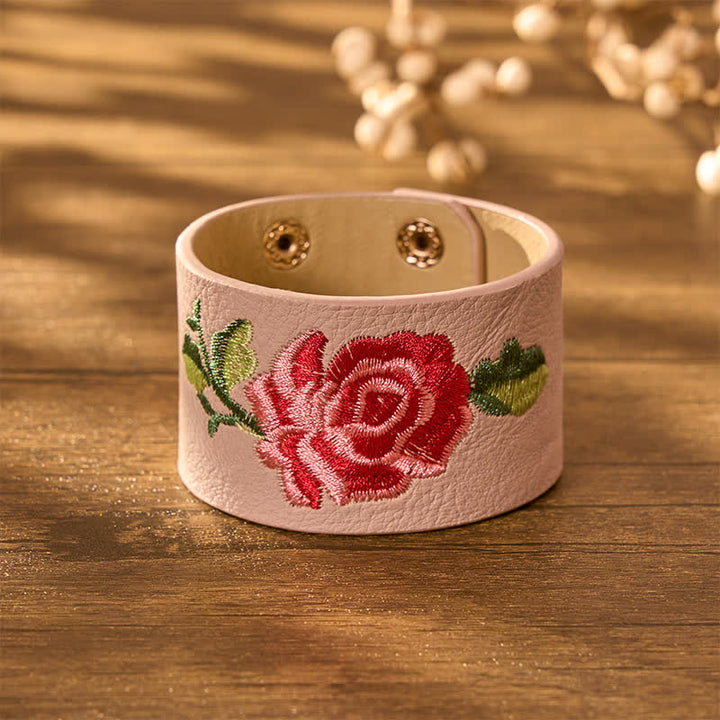 Buddha Stones Leren Armband met geborduurde roos en brede beschermende gesp - image 8