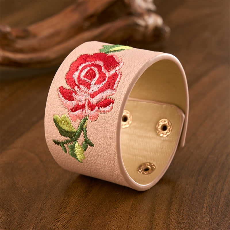 Buddha Stones Leren Armband met geborduurde roos en brede beschermende gesp - image 9