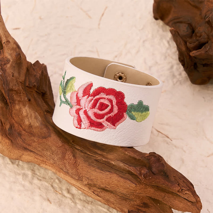 Buddha Stones Leren Armband met geborduurde roos en brede beschermende gesp - image 24