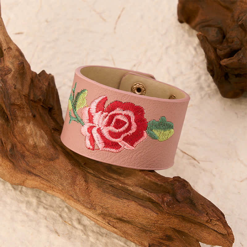 Buddha Stones Leren Armband met geborduurde roos en brede beschermende gesp - image 17