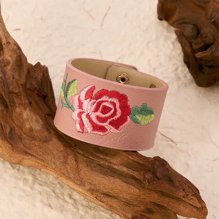 Buddha Stones Leren Armband met geborduurde roos en brede beschermende gesp - image 17