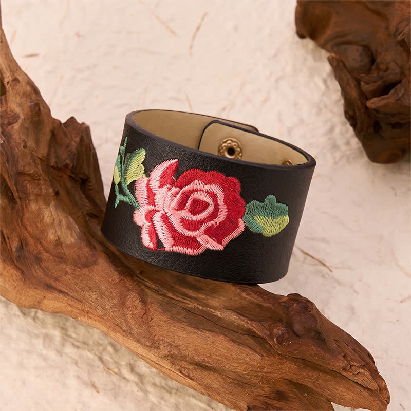 Buddha Stones Leren Armband met geborduurde roos en brede beschermende gesp - image 3