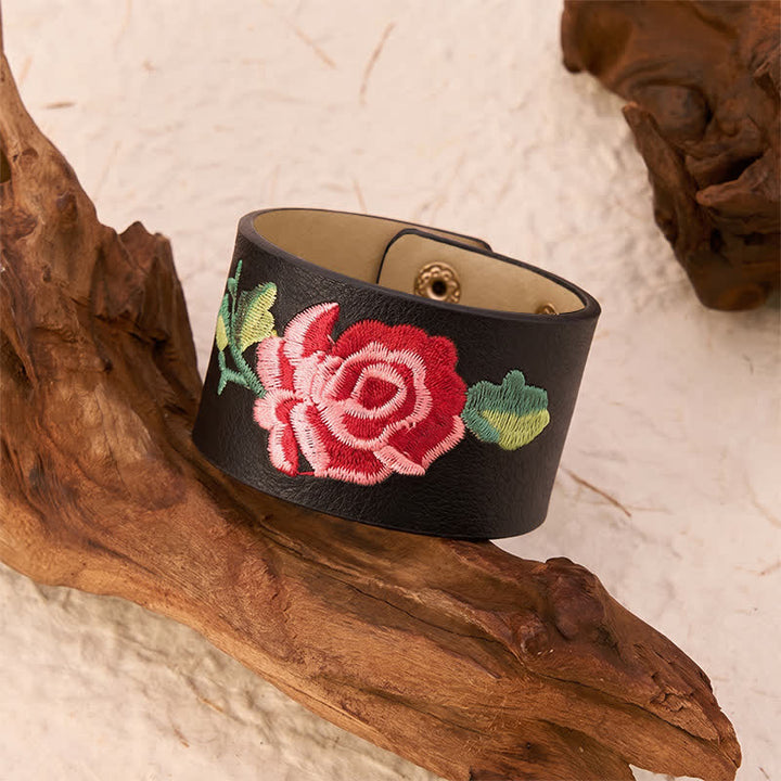 Buddha Stones Leren Armband met geborduurde roos en brede beschermende gesp - image 3