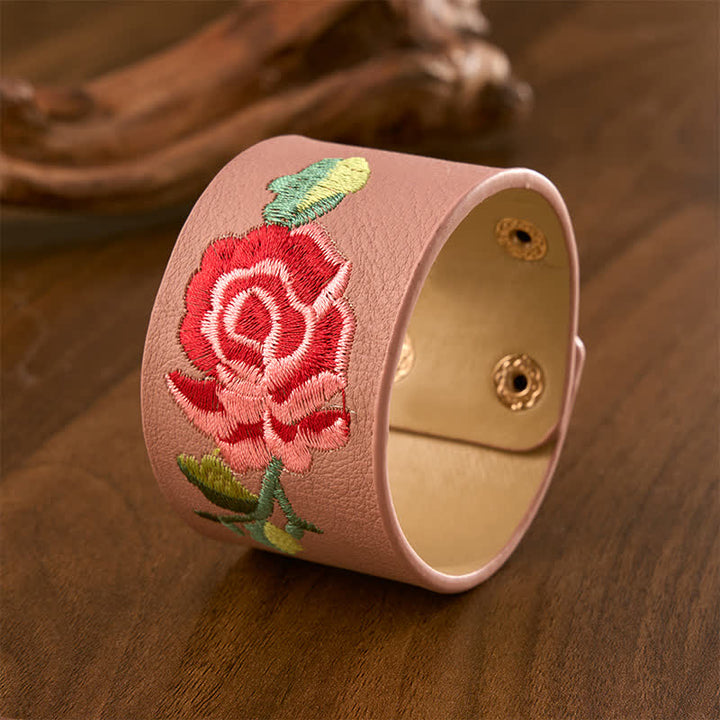 Buddha Stones Leren Armband met geborduurde roos en brede beschermende gesp - image 16