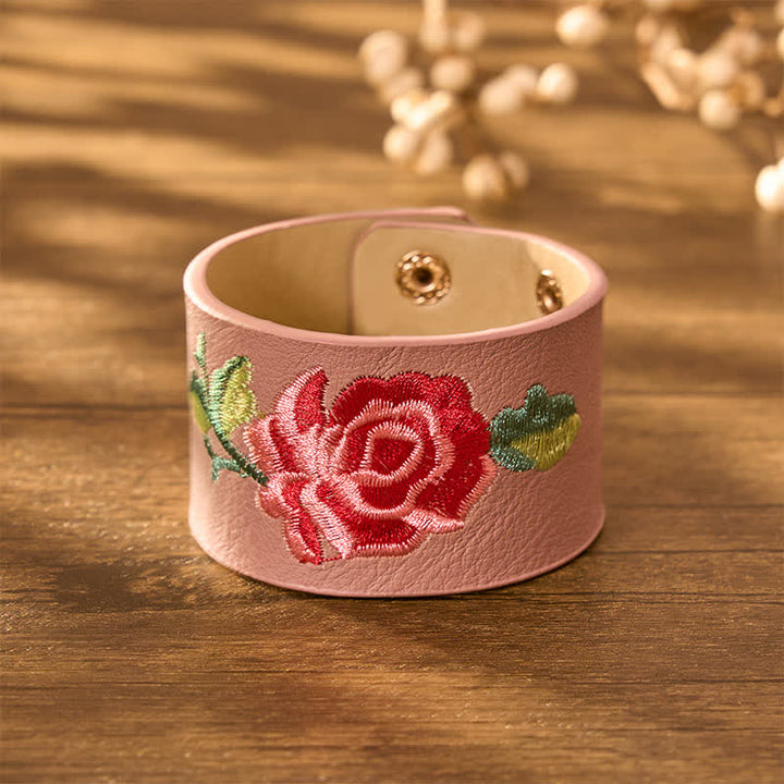 Buddha Stones Leren Armband met geborduurde roos en brede beschermende gesp - image 15