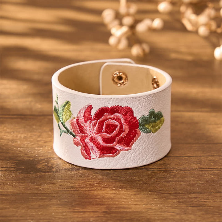 Buddha Stones Leren Armband met geborduurde roos en brede beschermende gesp - image 22