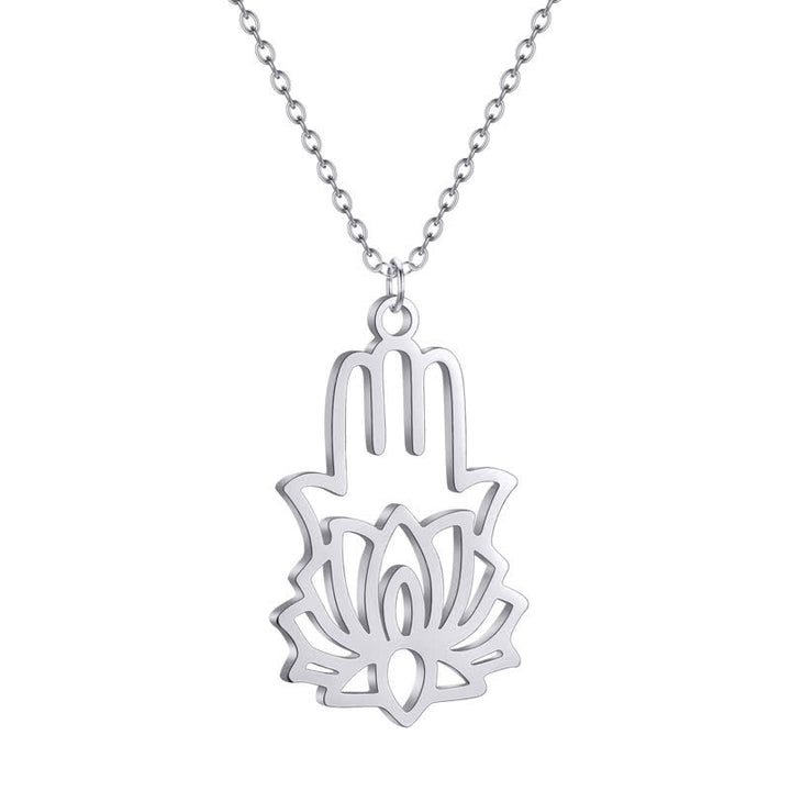 Buddha Stones Ketting met Lotus Hamsa van titaniumstaal - image 2