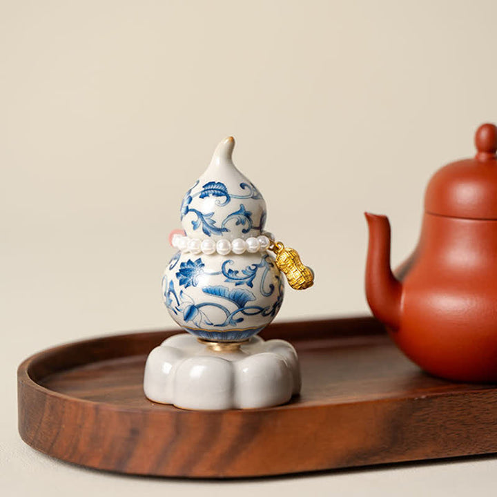 Buddha Stones Blauw-witte keramische draaiende kalebas lotus Mindfulness woondecoratie - image 1