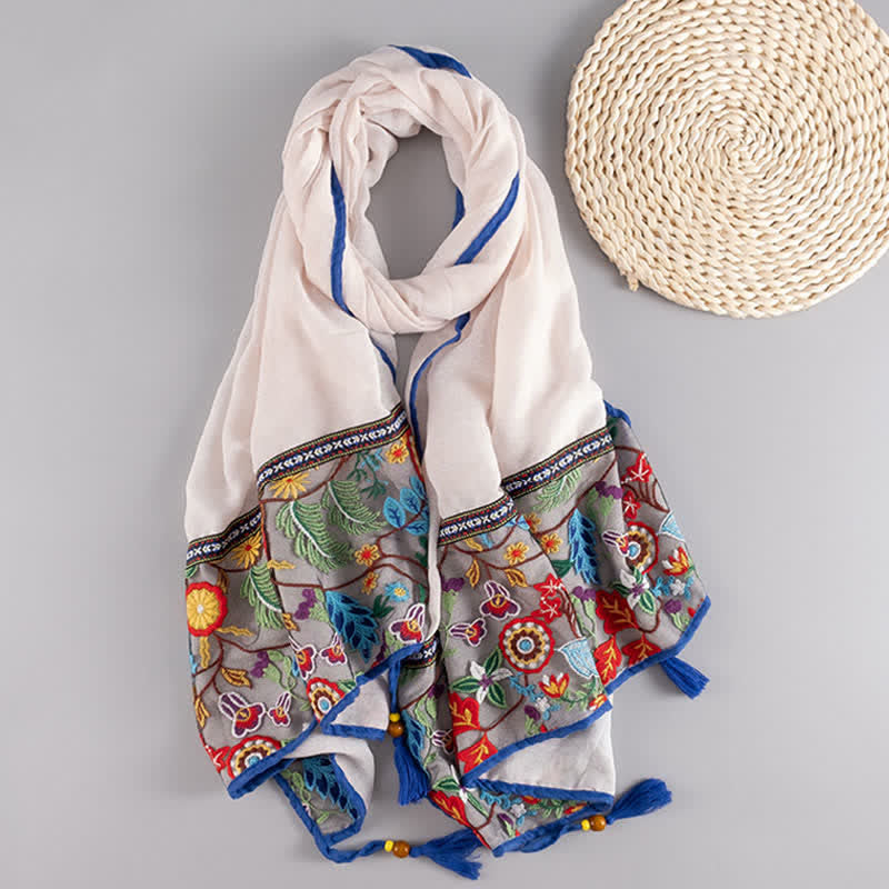 Buddha Stones Lente/Herfst Boho Geborduurde Bloemen Kwastjes Dunne Dames Sjaal (groot) - Wit - image 0