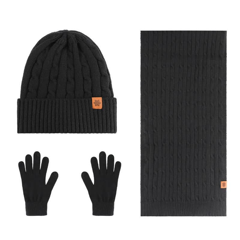 Buddha Stones 3-delige winterse gebreide sjaal, muts en handschoenen, perfect als cadeau voor heren. - 3 stuks gedraaid zwart - image 19
