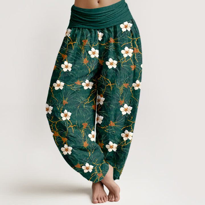 Buddha Stones Dames harembroek met elastische Taille en witte katoenen bloesemrankprint - Zeegroen - US16, UK/AU20, EU48 (3XL) - image 0