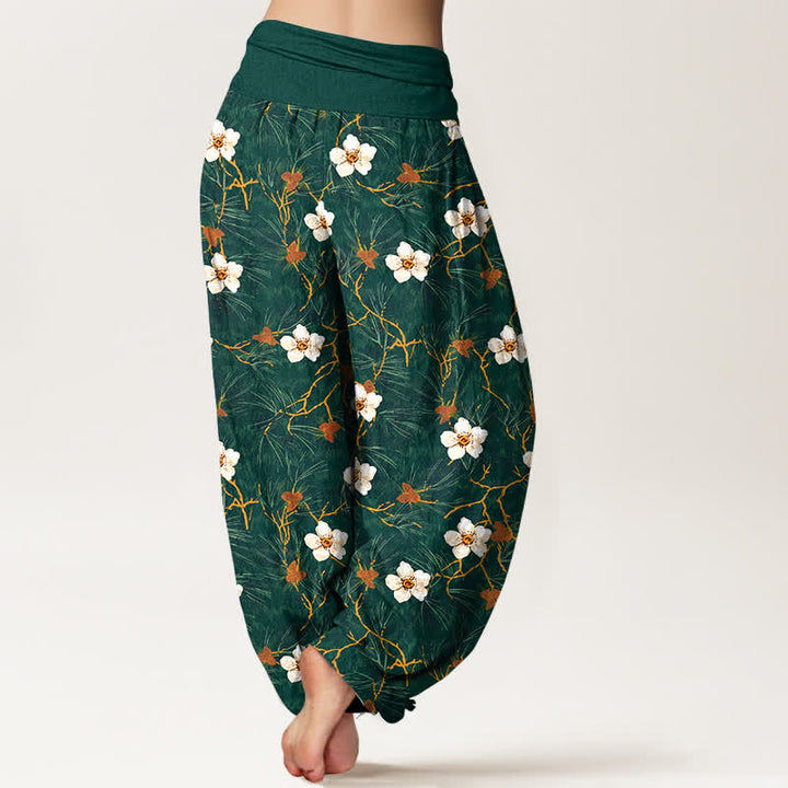 Buddha Stones Dames harembroek met elastische Taille en witte katoenen bloesemrankprint - image 2