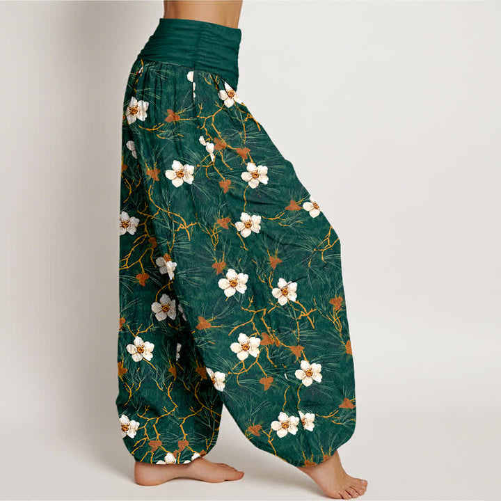 Buddha Stones Dames harembroek met elastische Taille en witte katoenen bloesemrankprint - image 1