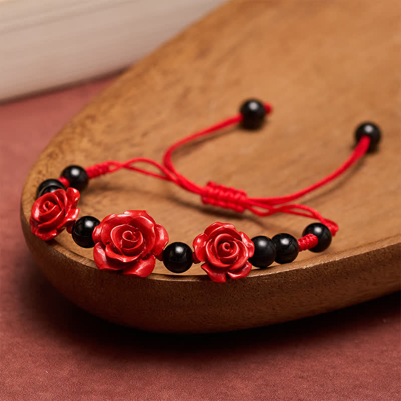 Buddha Stones Cinnaberroos, zwarte onyx, rode koord, Armband - Rode draad (Bescherming ♥ Geluk) - image 0