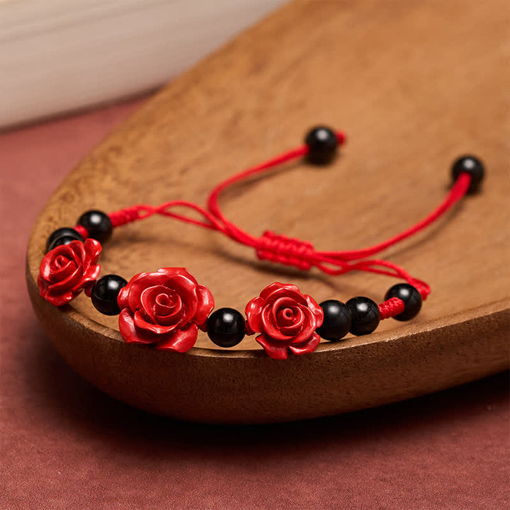Buddha Stones Cinnaberroos, zwarte onyx, rode koord, Armband - Rode draad (Bescherming ♥ Geluk) - image 0