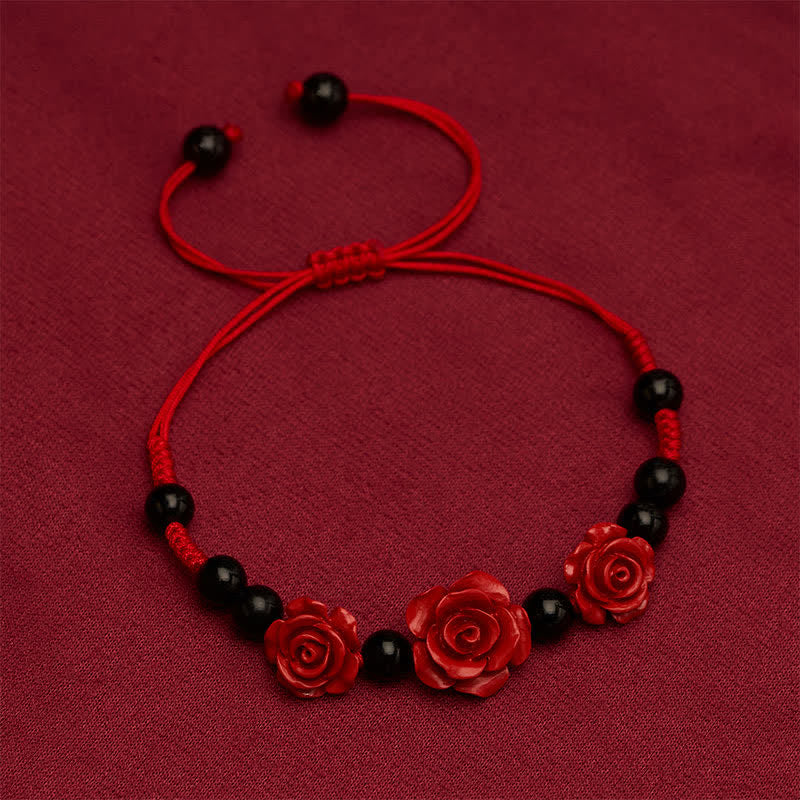 Buddha Stones Cinnaberroos, zwarte onyx, rode koord, Armband - image 1