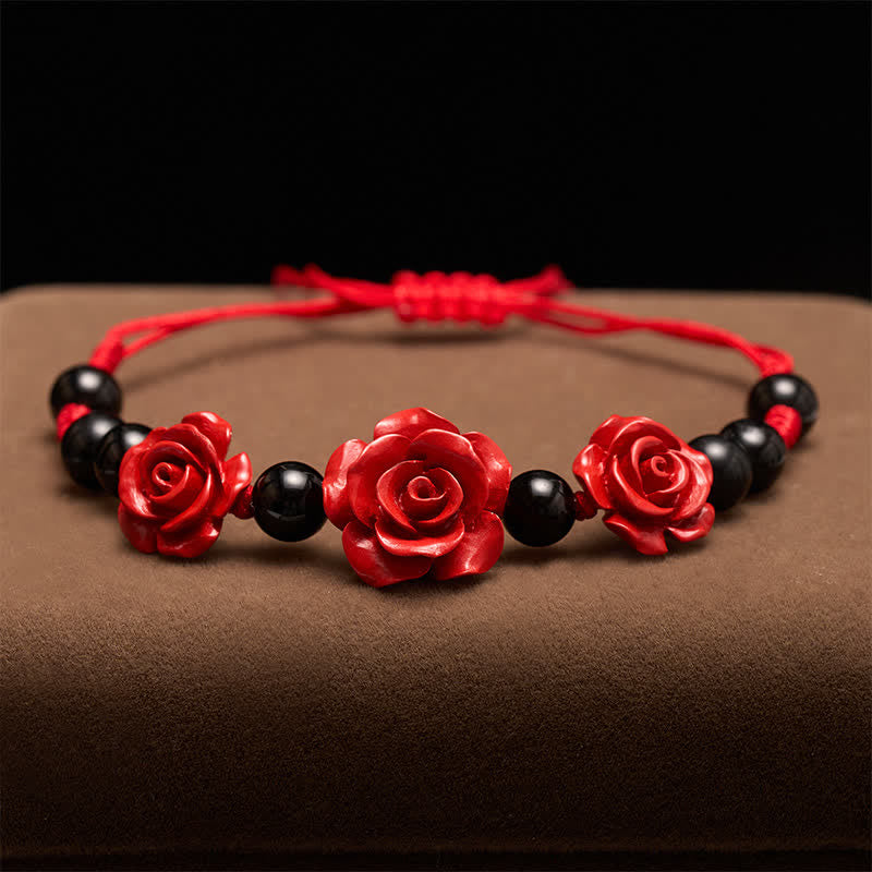 Buddha Stones Cinnaberroos, zwarte onyx, rode koord, Armband - image 2