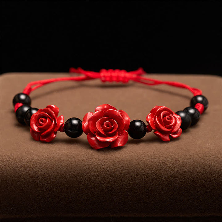Buddha Stones Cinnaberroos, zwarte onyx, rode koord, Armband - image 2