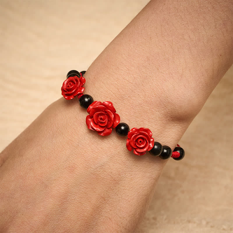 Buddha Stones Cinnaberroos, zwarte onyx, rode koord, Armband - image 5
