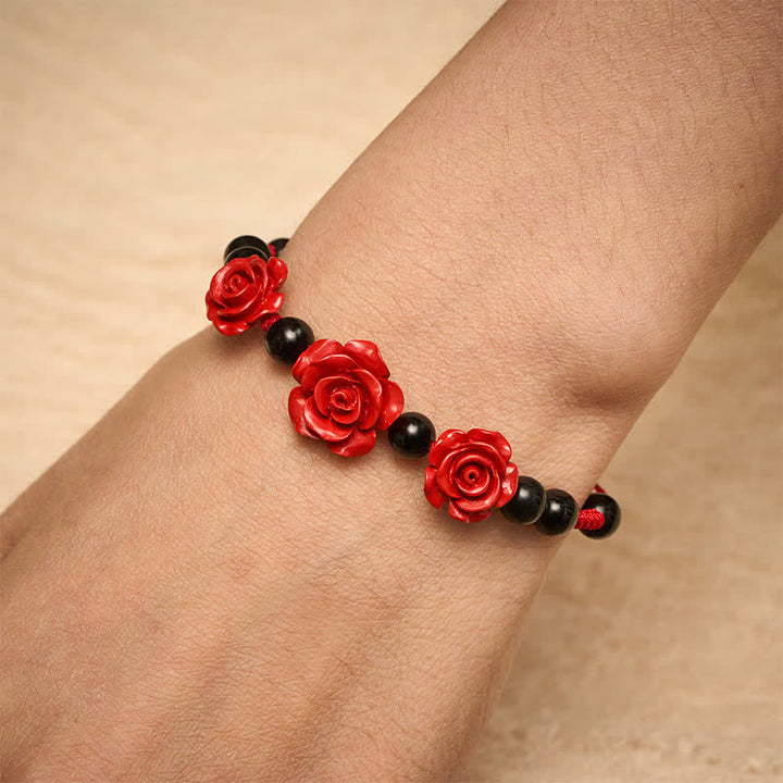 Buddha Stones Cinnaberroos, zwarte onyx, rode koord, Armband - image 5