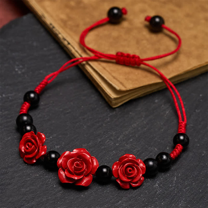 Buddha Stones Cinnaberroos, zwarte onyx, rode koord, Armband - image 4