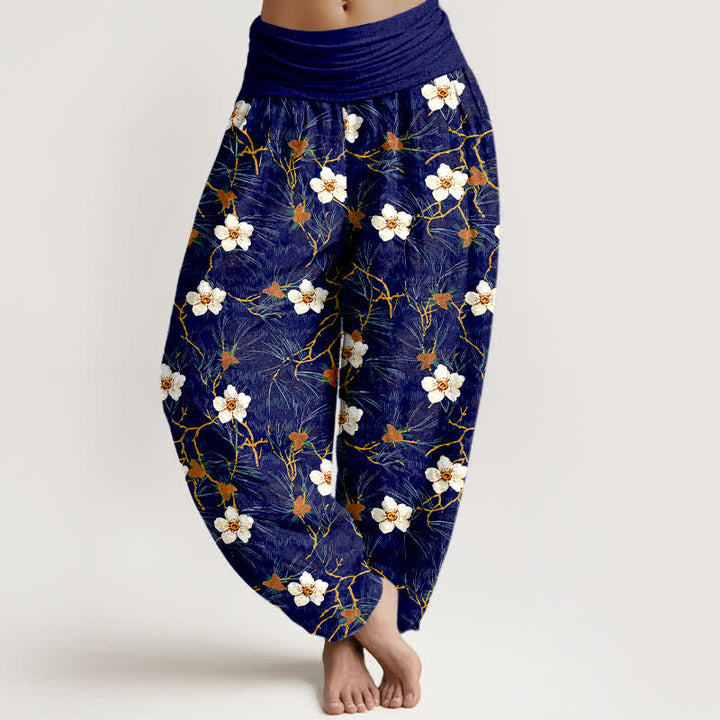 Buddha Stones Dames harembroek met elastische Taille en witte katoenen bloesemrankprint - Marine - US16, UK/AU20, EU48 (3XL) - image 5