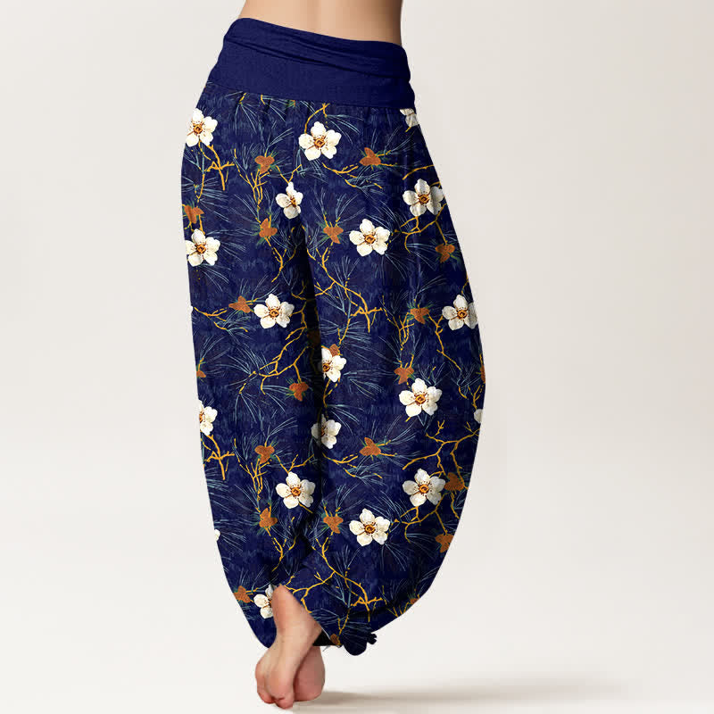 Buddha Stones Dames harembroek met elastische Taille en witte katoenen bloesemrankprint - image 7