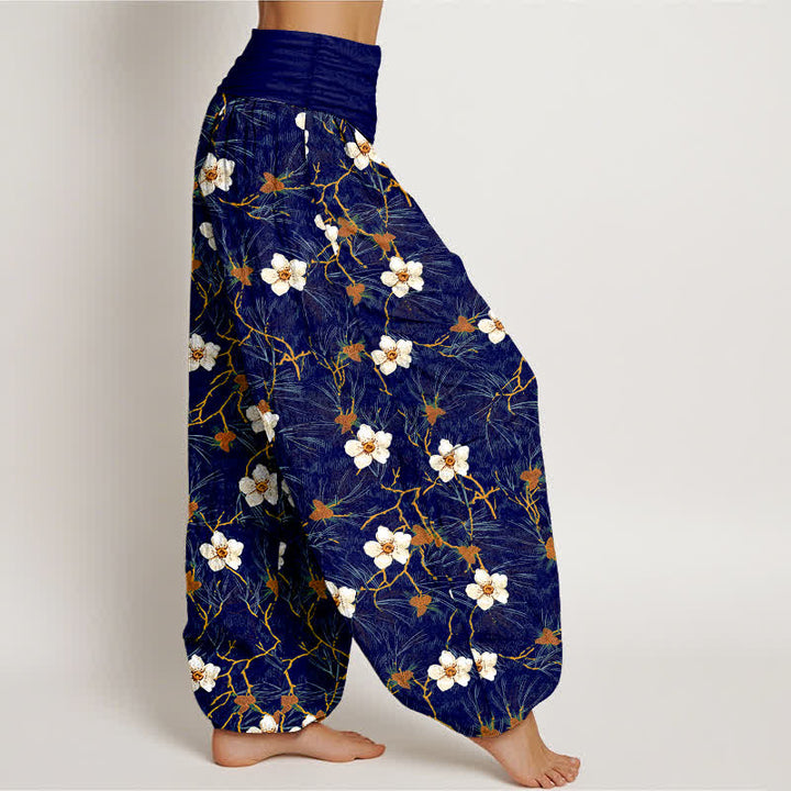Buddha Stones Dames harembroek met elastische Taille en witte katoenen bloesemrankprint - image 6